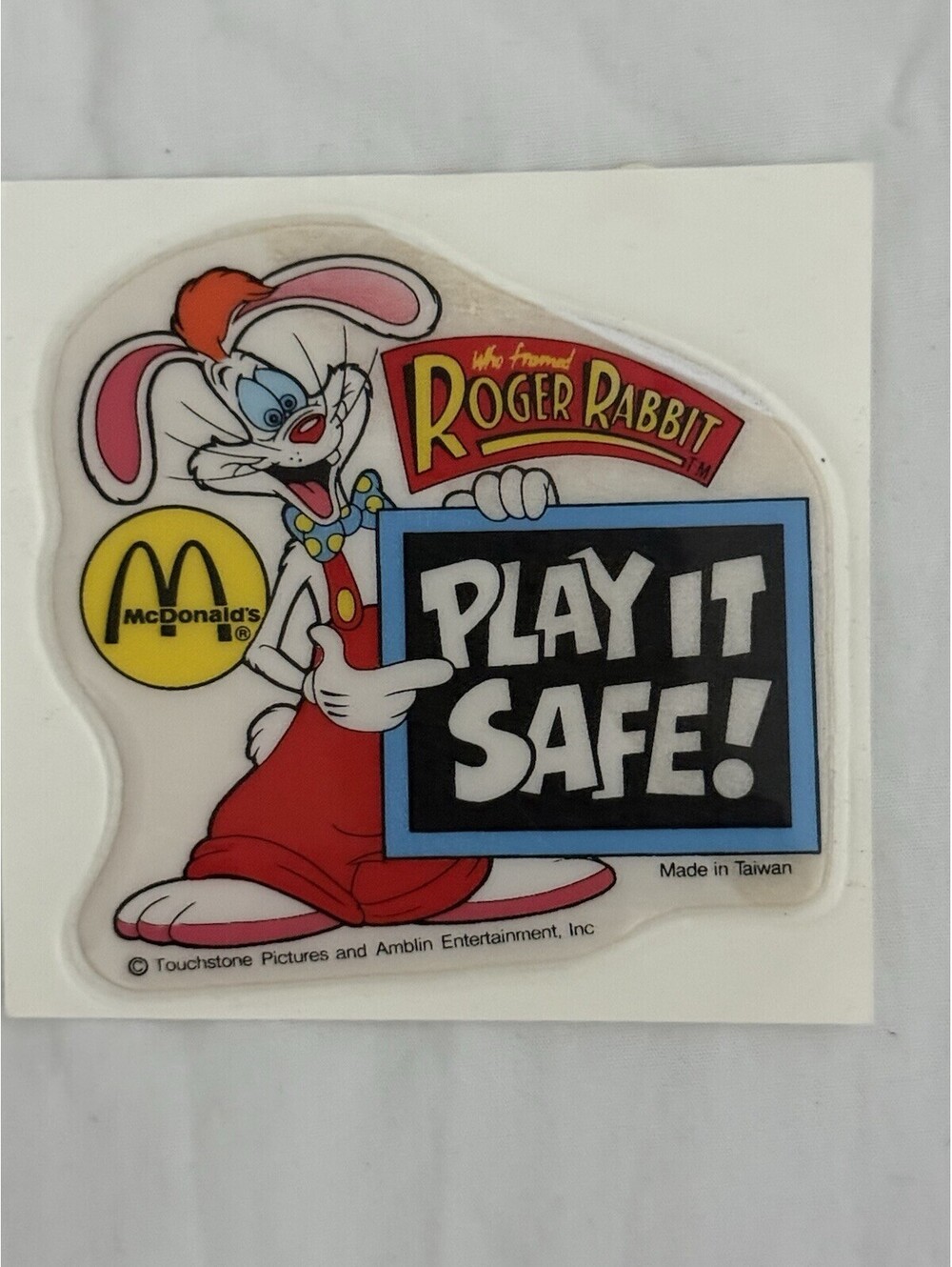Vintage 1989 McDonald's Roger Rabbit Puffy Vinyl Sticker Play It Safe Halloween